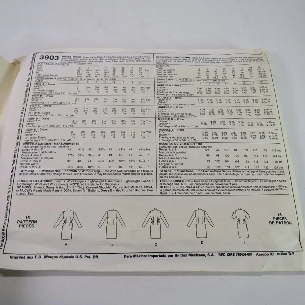 McCall's 3903 sewing pattern size 16-18 dress (fitted) double breasted button